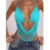 image:imageMakeMeChic Womens Y2k Crochet Halter Top Open Back Metal Ring Draped Front Summer Sequin Rave Party Going Out TopsMint Blue