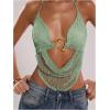 image:imageMakeMeChic Womens Y2k Crochet Halter Top Open Back Metal Ring Draped Front Summer Sequin Rave Party Going Out TopsMint Green