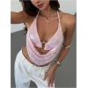 image:imageMakeMeChic Womens Y2k Crochet Halter Top Open Back Metal Ring Draped Front Summer Sequin Rave Party Going Out TopsPink