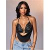 image:imageMakeMeChic Womens Y2k Crochet Halter Top Open Back Metal Ring Draped Front Summer Sequin Rave Party Going Out TopsSequin Black