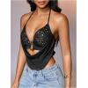 image:imageMakeMeChic Womens Y2k Crochet Halter Top Open Back Metal Ring Draped Front Summer Sequin Rave Party Going Out TopsSequin Black