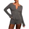 image:imageMakeMeChic Womens 2 Piece Spring Outfits Long Sleeve Crew Neck Button Down Shirt and Shorts Matching SetGrey