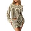 image:imageMakeMeChic Womens 2 Piece Sweater Skirt Set Striped Cardigan and Mini Skirt Fall Knit Lounge SetsOlive Green