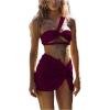 image:imageMakeMeChic Womens 3 Piece Bikini Sets Swimsuit One Shoulder Twisted Ruched High Cut Beach Vacation SkirtRed