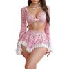 image:imageMakeMeChic Womens 3 Piece Valentines Lingerie Sets Cherry Heart Bow Long Sleeve Crop Top and Thongs Set with Mini SkirtPink