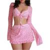 image:imageMakeMeChic Womens 3 Piece Valentines Lingerie Sets Cherry Heart Bow Long Sleeve Crop Top and Thongs Set with Mini SkirtPink B