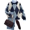 image:imageMakeMeChic Womens Argyle Plaid Sweater Crew Neck Long Sleeve Knit Vintage PulloversBlue