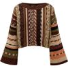 image:imageMakeMeChic Womens Boho Striped Crop Sweaters Bell Sleeve Crew Neck Knit TopsBrown