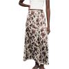 image:imageMakeMeChic Womens Cow Print Satin Maxi Skirt A Line Flared Long SkirtsBrown