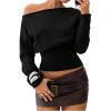 image:imageMakeMeChic Womens Cropped Sweater Off The Shoulder Sweater Tops Y2k Long Sleeve Knit Crop TopsBlack