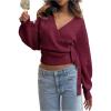 image:imageMakeMeChic Womens Cropped Sweaters Spring Wrap Sweater V Neck Tie Front Long Sleeve Knit TopsBurgundy