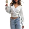 image:imageMakeMeChic Womens Cropped Sweaters Spring Wrap Sweater V Neck Tie Front Long Sleeve Knit TopsLight Grey
