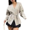 image:imageMakeMeChic Womens Fall Wrap V Neck Long Sleeve Coat Belted Tie Front Jacket OuterwearApricot