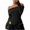 image:imageMakeMeChic Womens Fuzzy Off The Shoulder Bodysuit Ruched Long Sleeve Party Club TopsBlack