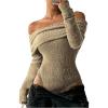 image:imageMakeMeChic Womens Fuzzy Off The Shoulder Bodysuit Ruched Long Sleeve Party Club TopsKhaki