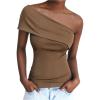 image:imageMakeMeChic Womens Lace Off The Shoulder Tank Ruched Sleeveless Fitted Going Out Crop TopsBrown