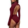 image:imageMakeMeChic Womens Open Back Top Long Sleeve Mock Neck Bodysuit Going Out Tops Clubbing OutfitsBurgundy