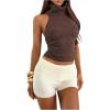 image:imageMakeMeChic Womens Sleeveless Halter Top Open Back Rib Knitted Y2K Crop Tank TopsCoffee Brown
