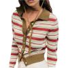 image:imageMakeMeChic Womens Striped Button Down Cardigan Sweater Long Sleeve Collared Fall Knit Crop TopsGreen