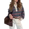 image:imageMakeMeChic Womens Striped Rugby Shirt Button Down Long Sleeve Preppy Sweater Knit Winter PulloverGrey