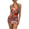 image:imageMakeMeChic Womens Summer 2 Piece Sets Mesh Floral Leopard Halter Tops Pencil Mini Skirt SetRed Brown