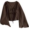 image:imageMakeMeChic Womens Tie Front Bell Long Sleeve Top Bow Rib Knit CardiganCoffee Brown