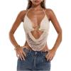 image:imageMakeMeChic Womens Y2k Crochet Halter Top Open Back Metal Ring Draped Front Summer Sequin Rave Party Going Out TopsBeige