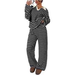 image:imageMakeMeChic Striped Lounge Set 2 Piece Sweater Sets for Women Going Out Travel OutfitBlack