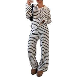 image:imageMakeMeChic Striped Lounge Set 2 Piece Sweater Sets for Women Going Out Travel OutfitBlack and White