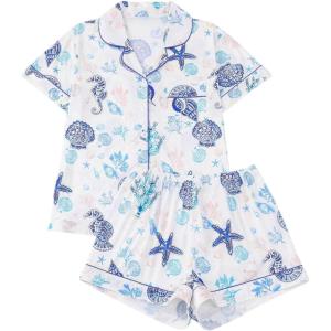image:imageMakeMeChic Womens 2 Piece Pajama Set Starfish Button Down Shirt and Shorts Pjs Lounge SetsBlue