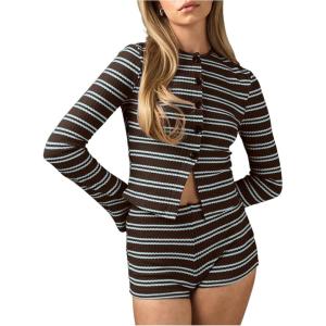 image:imageMakeMeChic Womens 2 Piece Spring Outfits Long Sleeve Crew Neck Button Down Shirt and Shorts Matching SetBrown