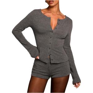 image:imageMakeMeChic Womens 2 Piece Spring Outfits Long Sleeve Crew Neck Button Down Shirt and Shorts Matching SetGrey