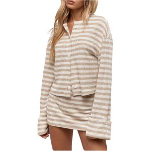 image:imageMakeMeChic Womens 2 Piece Sweater Skirt Set Striped Cardigan and Mini Skirt Fall Knit Lounge SetsMulticolor