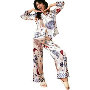 image:imageMakeMeChic Womens 2 Piece Valentines Pajamas Sets Cheetah Print Collared Shirt and Pants PJ Satin Silk SetMulticolor