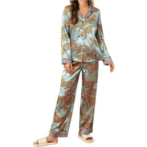 image:imageMakeMeChic Womens 2 Piece Valentines Pajamas Sets Cheetah Print Collared Shirt and Pants PJ Satin Silk SetMulticolor B