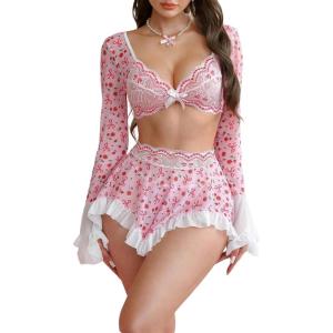image:imageMakeMeChic Womens 3 Piece Valentines Lingerie Sets Cherry Heart Bow Long Sleeve Crop Top and Thongs Set with Mini SkirtPink