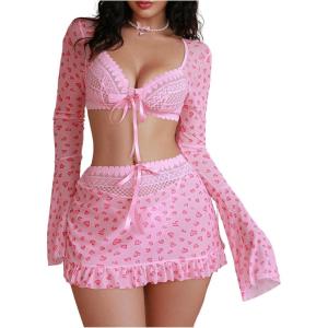 image:imageMakeMeChic Womens 3 Piece Valentines Lingerie Sets Cherry Heart Bow Long Sleeve Crop Top and Thongs Set with Mini SkirtPink B