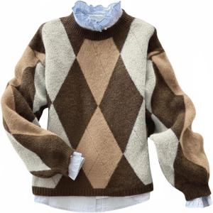 image:imageMakeMeChic Womens Argyle Plaid Sweater Crew Neck Long Sleeve Knit Vintage PulloversBrown