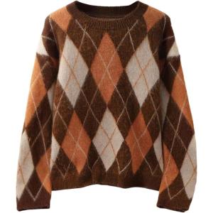 image:imageMakeMeChic Womens Argyle Plaid Sweater Crew Neck Long Sleeve Knit Vintage PulloversBrown B