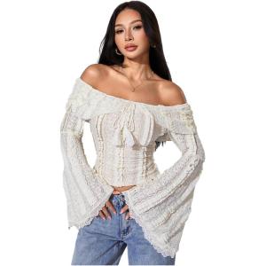 image:imageMakeMeChic Womens Bell Sleeve Lace Tops Off The Shoulder Crop Tops Summer Boho Going Out TopsWhite