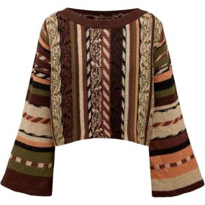 image:imageMakeMeChic Womens Boho Striped Crop Sweaters Bell Sleeve Crew Neck Knit TopsBrown