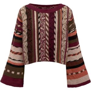image:imageMakeMeChic Womens Boho Striped Crop Sweaters Bell Sleeve Crew Neck Knit TopsRed