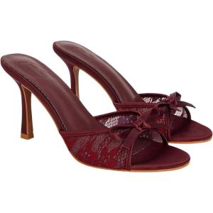 image:imageMakeMeChic Womens Bow Lace Heeled Sandals Leather Open Toe Dressy ShoesBurgundy
