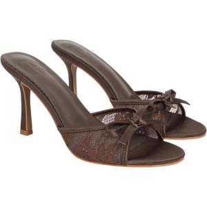 image:imageMakeMeChic Womens Bow Lace Heeled Sandals Leather Open Toe Dressy ShoesMocha Brown