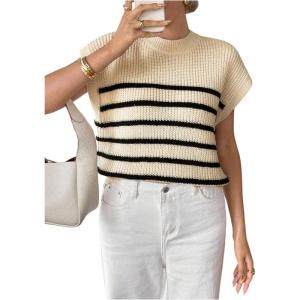 image:imageMakeMeChic Womens Bow Sweater Cute Summer Tops Plaid Short Sleeve Crew Neck Y2K Knitted PulloverApricot