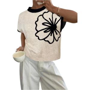 image:imageMakeMeChic Womens Bow Sweater Cute Summer Tops Plaid Short Sleeve Crew Neck Y2K Knitted PulloverApricot a