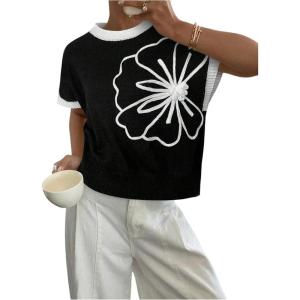 image:imageMakeMeChic Womens Bow Sweater Cute Summer Tops Plaid Short Sleeve Crew Neck Y2K Knitted PulloverBlack