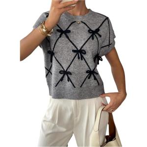 image:imageMakeMeChic Womens Bow Sweater Cute Summer Tops Plaid Short Sleeve Crew Neck Y2K Knitted PulloverGrey