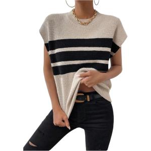 image:imageMakeMeChic Womens Bow Sweater Cute Summer Tops Plaid Short Sleeve Crew Neck Y2K Knitted PulloverKhaki