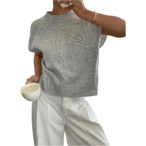image:imageMakeMeChic Womens Bow Sweater Cute Summer Tops Plaid Short Sleeve Crew Neck Y2K Knitted PulloverLight Grey